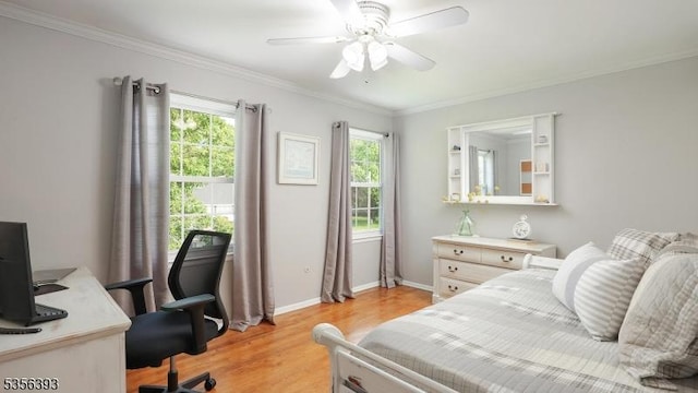 12 Fox Chase Run, Hillsborough Twp, NJ 08844 - bedroom featuring light wood finished floors, an office area, ornamental molding, baseboards, and ceiling fan