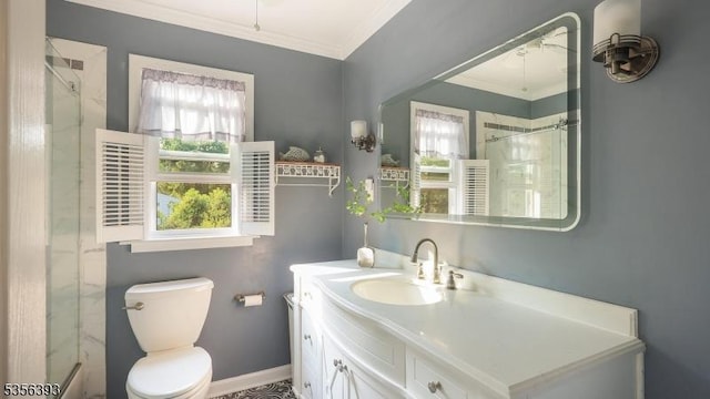 12 Fox Chase Run, Hillsborough Twp, NJ 08844 - bathroom featuring ornamental molding, vanity, toilet, an enclosed shower, and baseboards