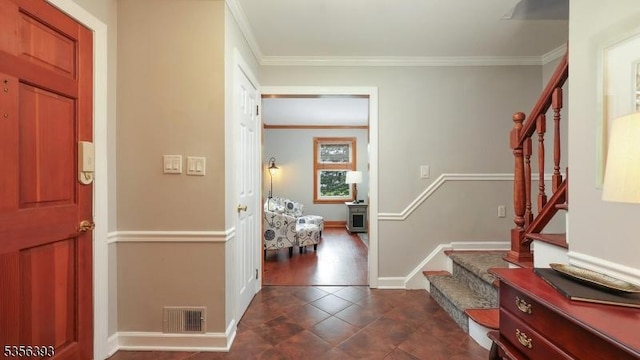 12 Fox Chase Run, Hillsborough Twp, NJ 08844 - entryway with stairs, ornamental molding, dark tile patterned floors, and baseboards