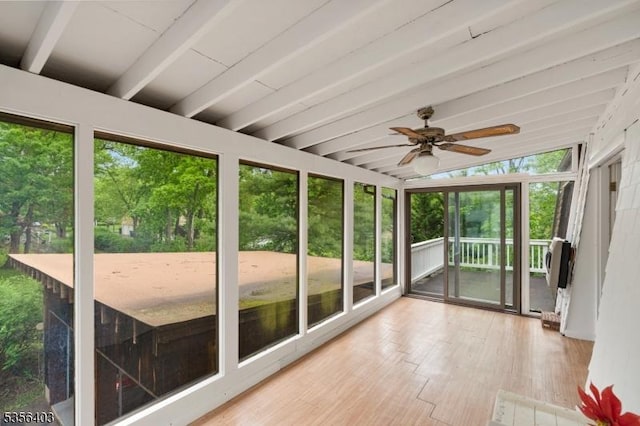 87 Ivy Ln, Bridgewater Twp, NJ 08807 - unfurnished sunroom featuring beamed ceiling and ceiling fan