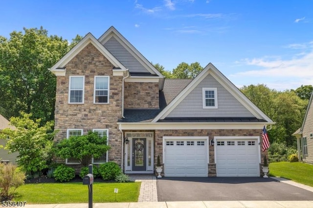 16 Gordon Way, Mount Olive Twp, NJ 07836 - craftsman-style house with stone siding, asphalt driveway, a front lawn, a standing seam roof, and roof with shingles