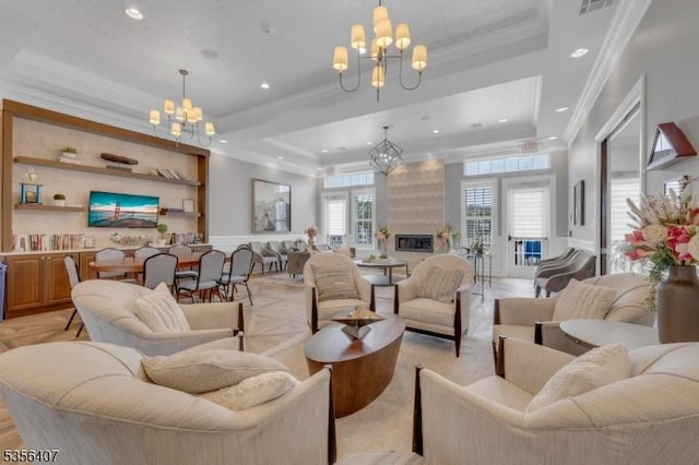 16 Gordon Way, Mount Olive Twp, NJ 07836 - living area featuring a chandelier, ornamental molding, recessed lighting, and a raised ceiling