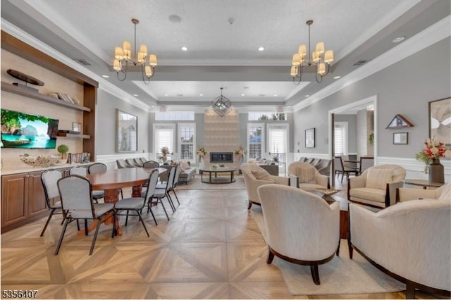 16 Gordon Way, Mount Olive Twp, NJ 07836 - living room with a chandelier, wainscoting, ornamental molding, recessed lighting, and a fireplace