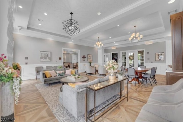 16 Gordon Way, Mount Olive Twp, NJ 07836 - living area with a raised ceiling, a chandelier, a decorative wall, a wainscoted wall, and recessed lighting