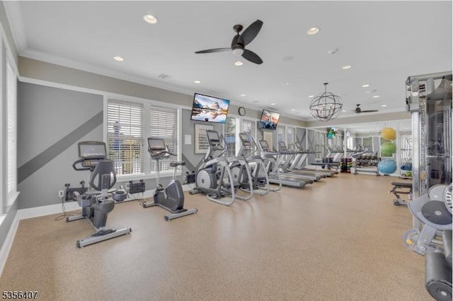 16 Gordon Way, Mount Olive Twp, NJ 07836 - gym featuring a ceiling fan, recessed lighting, and ornamental molding