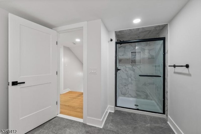 full bathroom featuring baseboards, a stall shower, recessed lighting, and tile patterned floors
