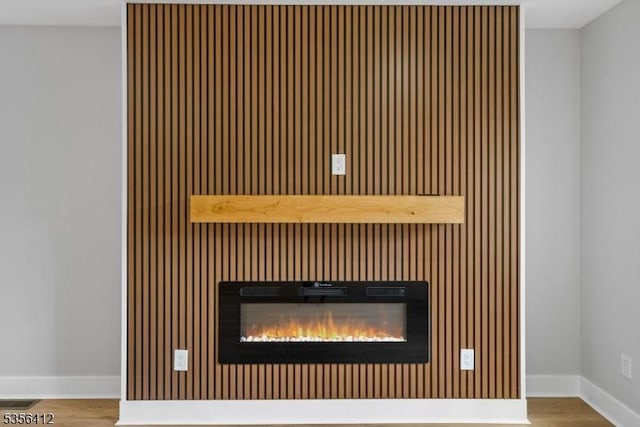 detailed view of a glass covered fireplace, baseboards, and wood finished floors