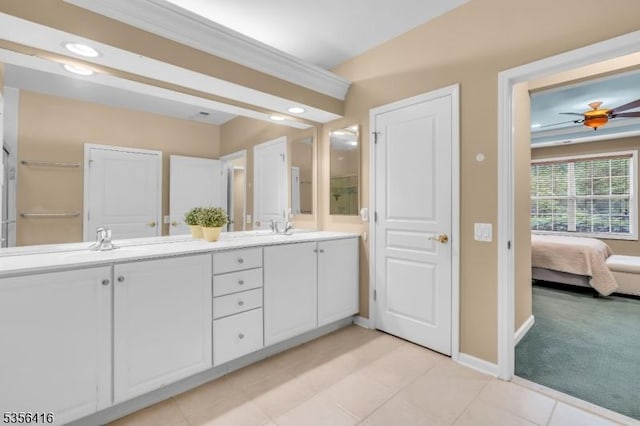 1111 Conrad Way, Franklin Twp, NJ 08873 - ensuite bathroom with baseboards, double vanity, tile patterned flooring, a ceiling fan, and recessed lighting