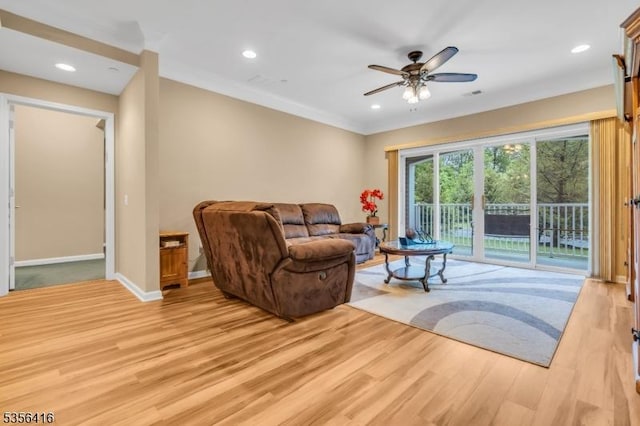 1111 Conrad Way, Franklin Twp, NJ 08873 - living room with light wood-style flooring, a ceiling fan, baseboards, recessed lighting, and ornamental molding