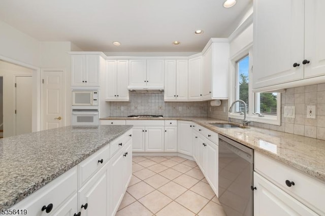 1 Joss Way, Long Hill Twp, NJ 07946 - kitchen with white appliances, backsplash, white cabinets, and recessed lighting