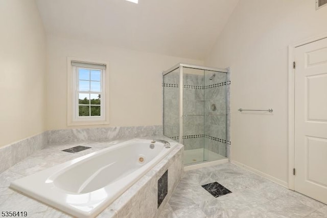 1 Joss Way, Long Hill Twp, NJ 07946 - full bathroom featuring lofted ceiling, a stall shower, and a tub with jets