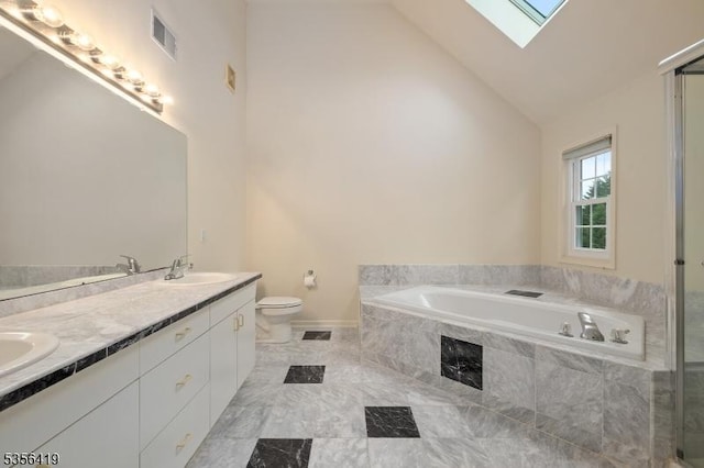 1 Joss Way, Long Hill Twp, NJ 07946 - full bathroom featuring high vaulted ceiling, a garden tub, a skylight, double vanity, and an enclosed shower