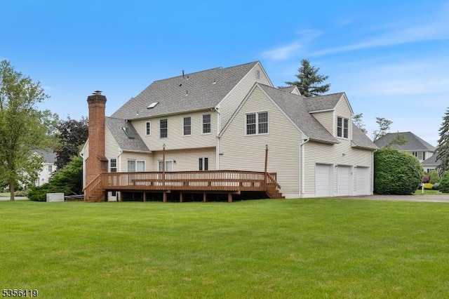 1 Joss Way, Long Hill Twp, NJ 07946 - back of property with a garage, a wooden deck, and a yard