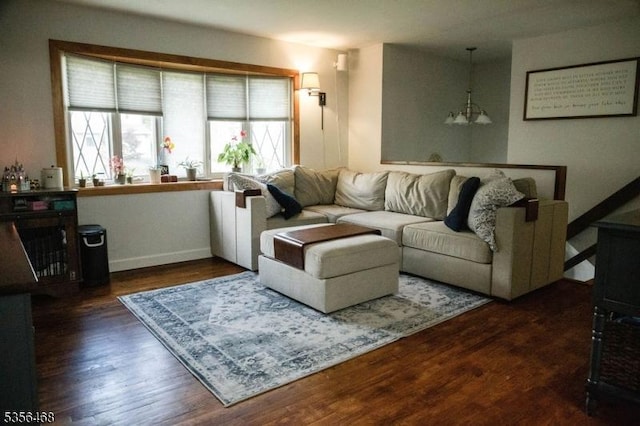 10 Lincoln Ave, Vernon Twp, NJ 07462 - living room featuring a chandelier, wood finished floors, and baseboards