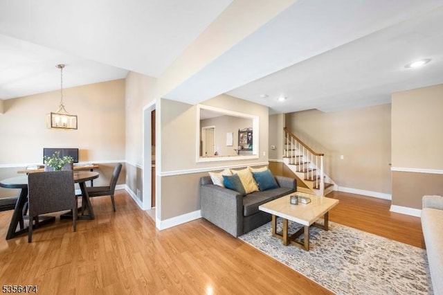 3522 Richmond Ct, Hillsborough Twp, NJ 08844 - living area featuring wood finished floors, baseboards, stairs, a chandelier, and recessed lighting