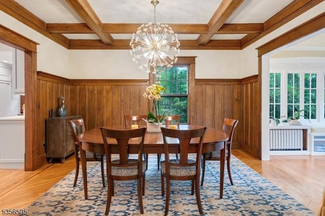 34 Crane Rd, Mountain Lakes Boro, NJ 07046 - dining space featuring radiator heating unit, healthy amount of natural light, beam ceiling, wainscoting, and a chandelier