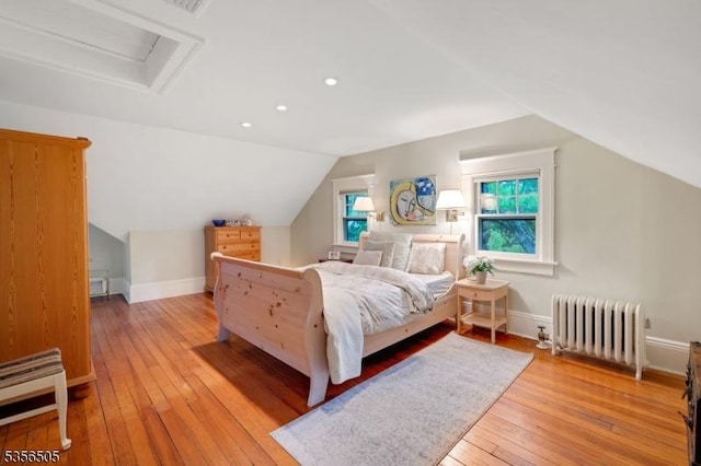 34 Crane Rd, Mountain Lakes Boro, NJ 07046 - bedroom featuring radiator, wood-type flooring, baseboards, vaulted ceiling, and recessed lighting