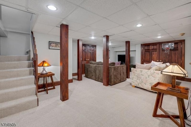 34 Crane Rd, Mountain Lakes Boro, NJ 07046 - living area with carpet floors, stairway, recessed lighting, and a paneled ceiling