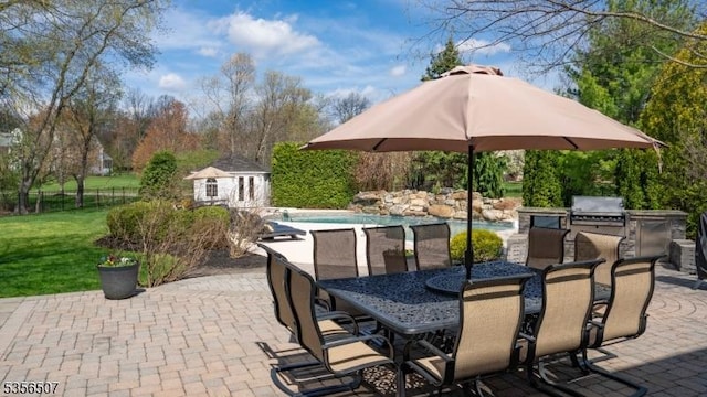 1 Dewing Ct, Raritan Twp, NJ 08551 - view of patio with area for grilling, outdoor dining area, an outdoor pool, and an outdoor structure