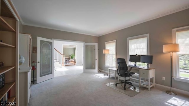 1 Dewing Ct, Raritan Twp, NJ 08551 - carpeted home office with ornamental molding, french doors, and baseboards