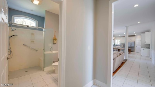 1 Dewing Ct, Raritan Twp, NJ 08551 - bathroom featuring a shower stall, tile patterned flooring, recessed lighting, toilet, and ornate columns