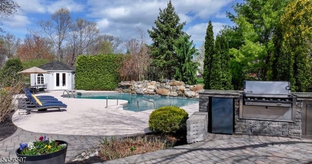 1 Dewing Ct, Raritan Twp, NJ 08551 - outdoor pool featuring area for grilling, a grill, a patio, a storage structure, and an outbuilding