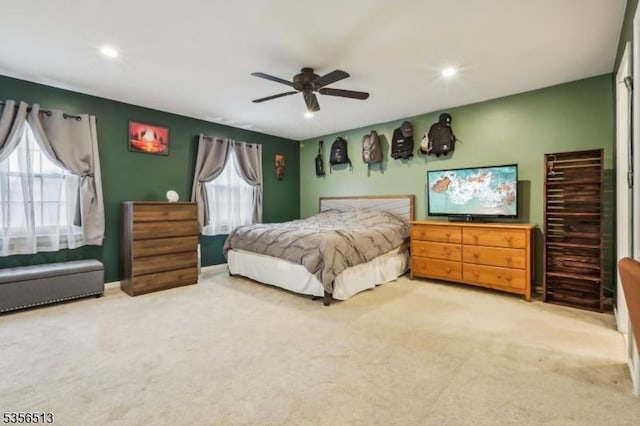 bedroom featuring carpet flooring, ceiling fan, and recessed lighting