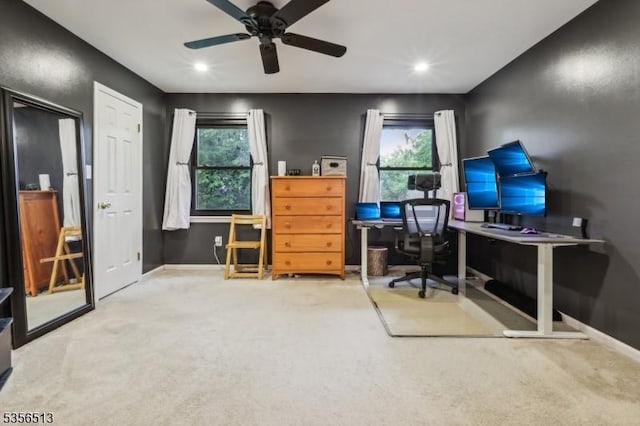 carpeted home office with baseboards, ceiling fan, and recessed lighting