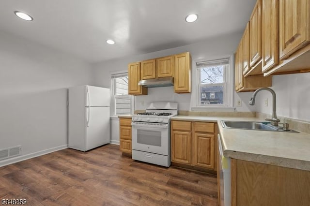 kitchen featuring white appliances, a sink, under cabinet range hood, light countertops, and recessed lighting