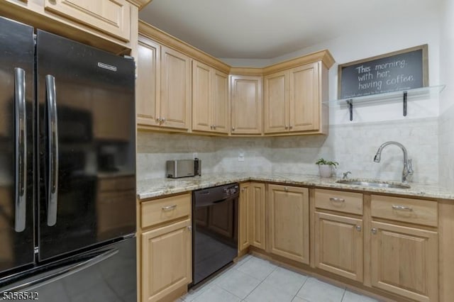 66 Jamestown Rd, Bernards Twp, NJ 07920 - kitchen with black appliances, a sink, light brown cabinets, tasteful backsplash, and light tile patterned floors