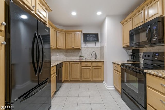 66 Jamestown Rd, Bernards Twp, NJ 07920 - kitchen featuring black appliances, tasteful backsplash, a sink, light brown cabinets, and light tile patterned floors