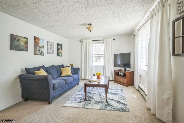 129 River Dr, Parsippany-Troy Hills Twp, NJ 07034 - living area with baseboard heating, light colored carpet, and a textured ceiling