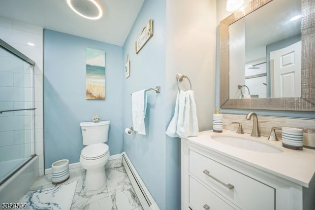 129 River Dr, Parsippany-Troy Hills Twp, NJ 07034 - full bathroom with a baseboard heating unit, marble look tiles, toilet, vanity, and combined bath / shower with glass door