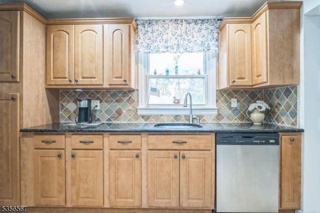 129 River Dr, Parsippany-Troy Hills Twp, NJ 07034 - kitchen with stainless steel dishwasher, a sink, dark stone countertops, tasteful backsplash, and light brown cabinetry