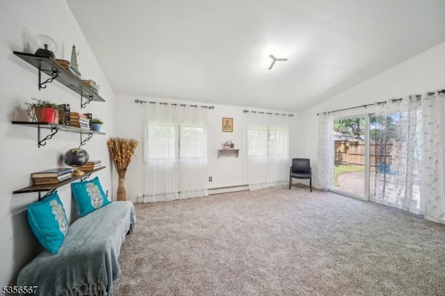 129 River Dr, Parsippany-Troy Hills Twp, NJ 07034 - living area featuring lofted ceiling, a baseboard radiator, and carpet