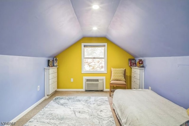 129 River Dr, Parsippany-Troy Hills Twp, NJ 07034 - bedroom featuring a wall mounted air conditioner, lofted ceiling, baseboards, and light colored carpet