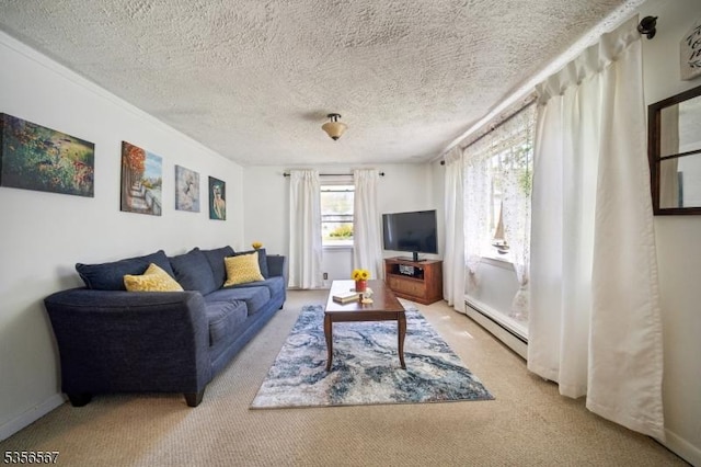 129 River Dr, Parsippany-Troy Hills Twp, NJ 07034 - carpeted living room featuring a baseboard heating unit and a textured ceiling