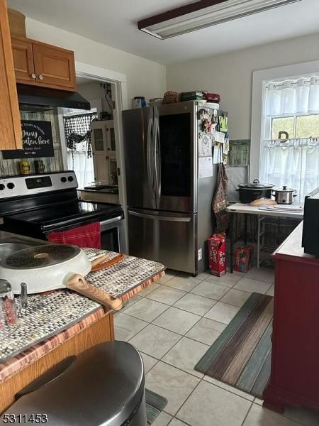 917 Main St, Stillwater Twp, NJ 07860 - kitchen featuring appliances with stainless steel finishes, under cabinet range hood, healthy amount of natural light, and light tile patterned floors