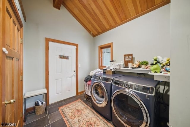 44 Mount Pleasant Rd, Knowlton Twp, NJ 07832 - laundry area featuring washing machine and clothes dryer, wood ceiling, dark tile patterned floors, and baseboards