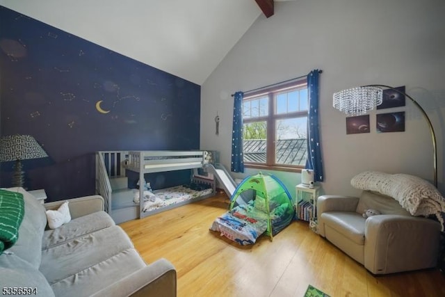 44 Mount Pleasant Rd, Knowlton Twp, NJ 07832 - bedroom with wood finished floors, beam ceiling, and high vaulted ceiling