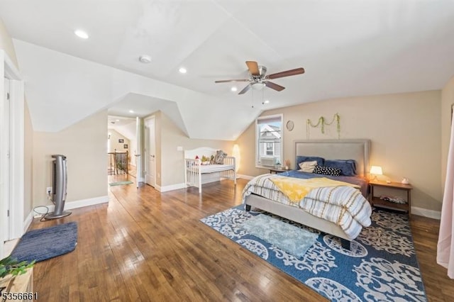 bedroom featuring hardwood / wood-style floors, baseboards, lofted ceiling, a ceiling fan, and recessed lighting