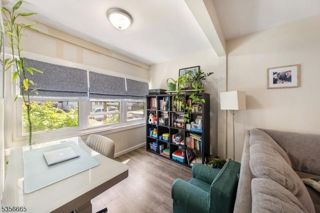 home office featuring wood finished floors and baseboards