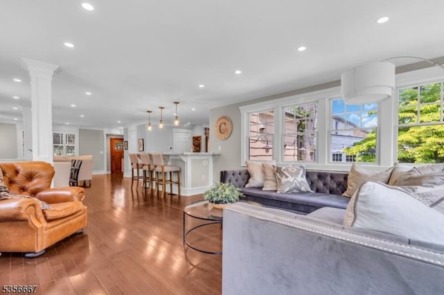 73 Lafayette Ave, Chatham Boro, NJ 07928 - living room with recessed lighting, wood finished floors, and decorative columns