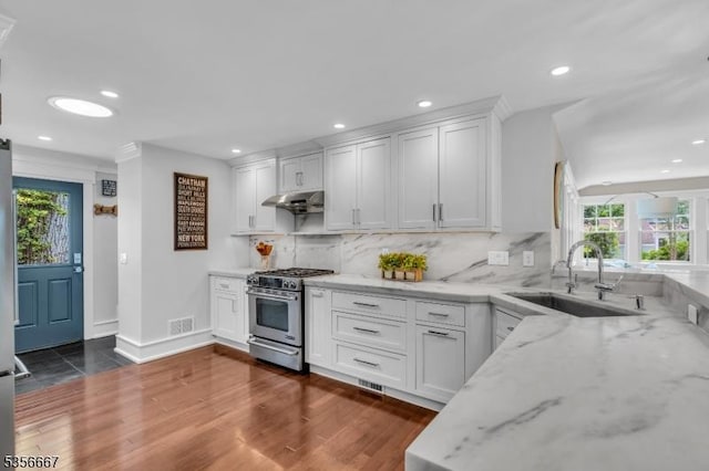 73 Lafayette Ave, Chatham Boro, NJ 07928 - kitchen featuring high end range, under cabinet range hood, plenty of natural light, recessed lighting, and light stone countertops