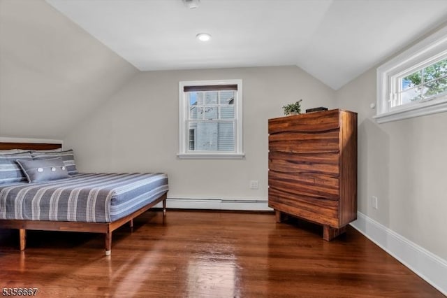 73 Lafayette Ave, Chatham Boro, NJ 07928 - bedroom featuring a baseboard radiator, vaulted ceiling, and wood finished floors
