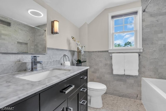 73 Lafayette Ave, Chatham Boro, NJ 07928 - bathroom featuring tile walls, vanity, a bath, a shower, and vaulted ceiling
