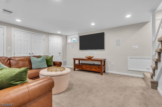 73 Lafayette Ave, Chatham Boro, NJ 07928 - living room featuring recessed lighting, light colored carpet, and stairway