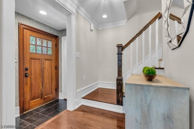 73 Lafayette Ave, Chatham Boro, NJ 07928 - entryway with stairs, dark wood finished floors, and ornamental molding