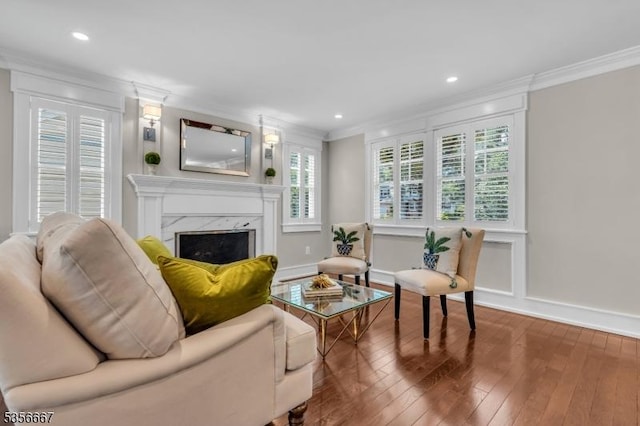 73 Lafayette Ave, Chatham Boro, NJ 07928 - living area featuring ornamental molding, a fireplace, hardwood / wood-style flooring, and recessed lighting