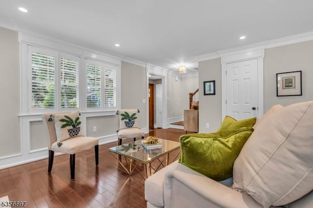 73 Lafayette Ave, Chatham Boro, NJ 07928 - living room featuring hardwood / wood-style floors, stairs, ornamental molding, and recessed lighting